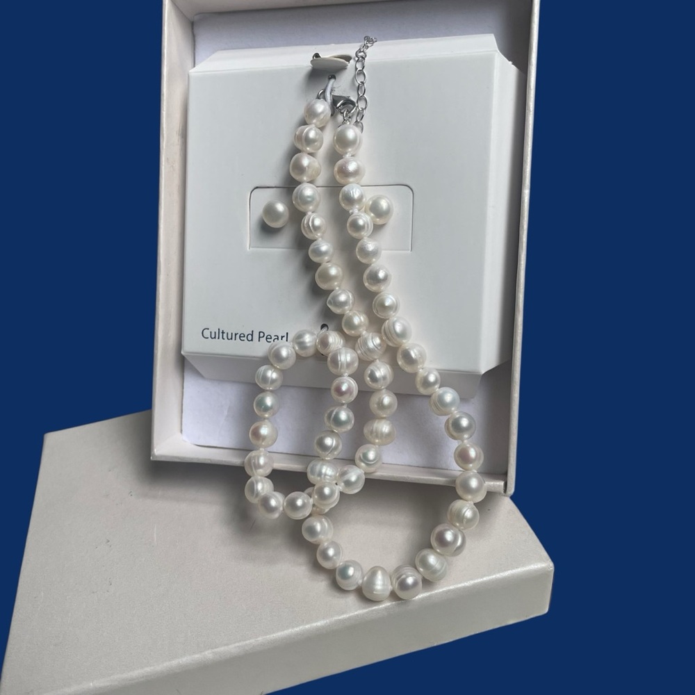Cultured Pearl Necklace & Earrings Sterling Silver NIB
